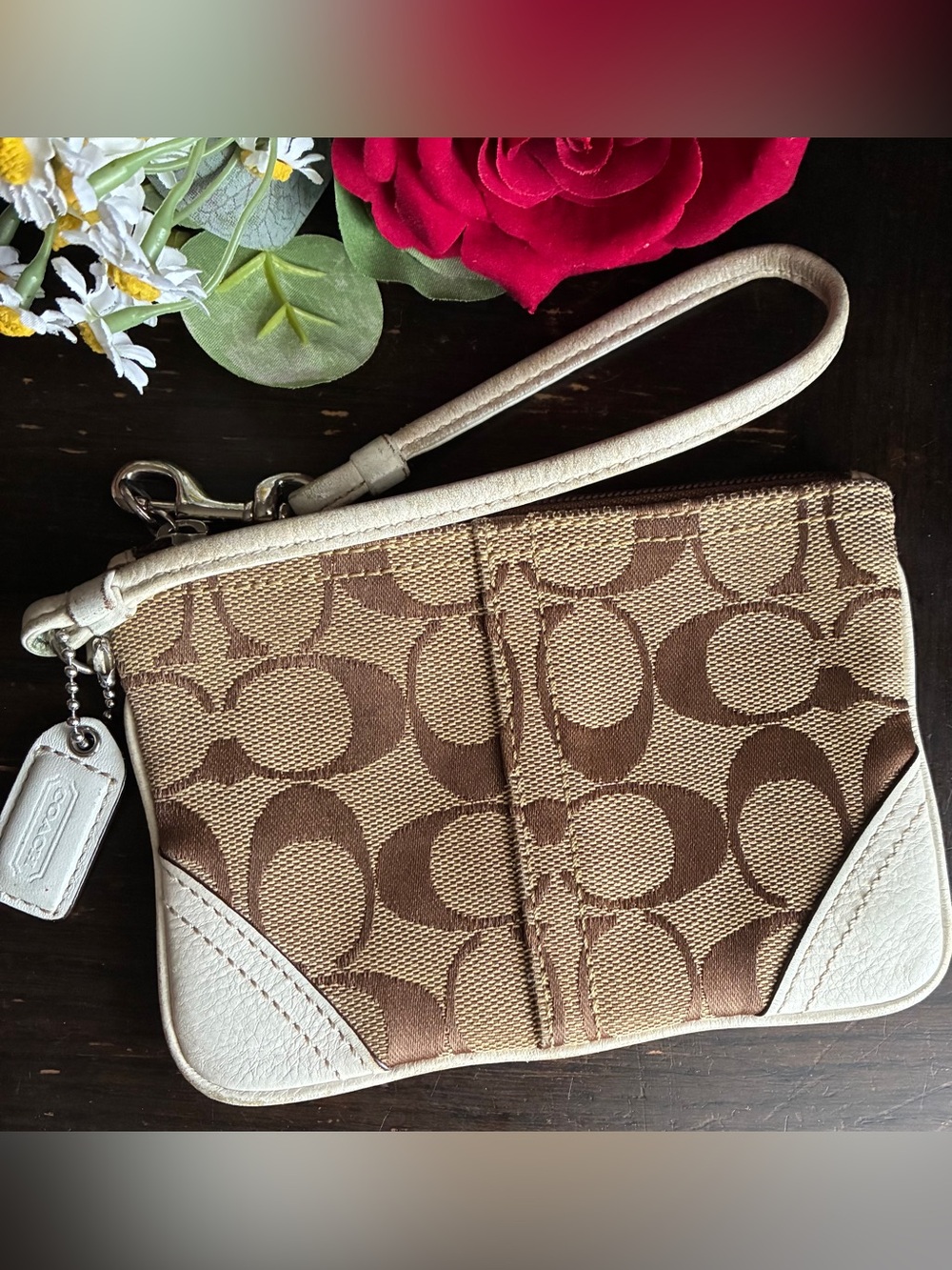 Coach Brown and Cream Signature Canvas Wristlet